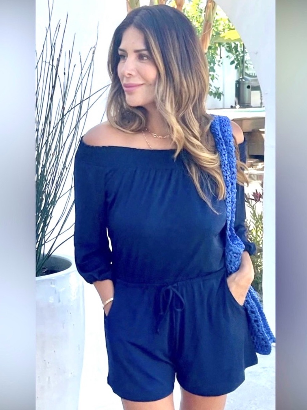 Veronica M Navy Blue Off The Shoulder Romper Smocked Waist Medium